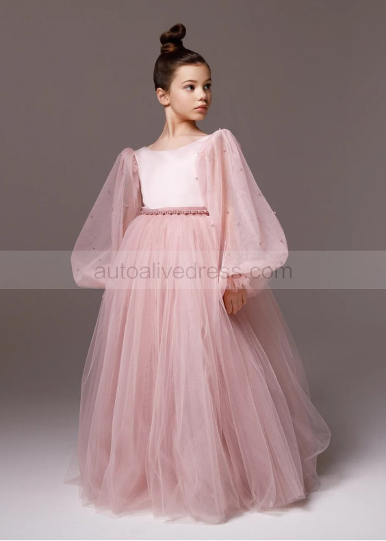 Blush Pink Satin Tulle Pearls Embellished Long Flower Girl Dress